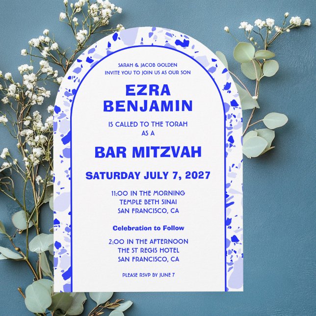 Terrazzo Hand plockade Anpassningsbar Pub Bat mitz Inbjudningar (Terrazzo Hand Drawn Custom Bar Bat Bnai Mitzvah Arch Invitation
)