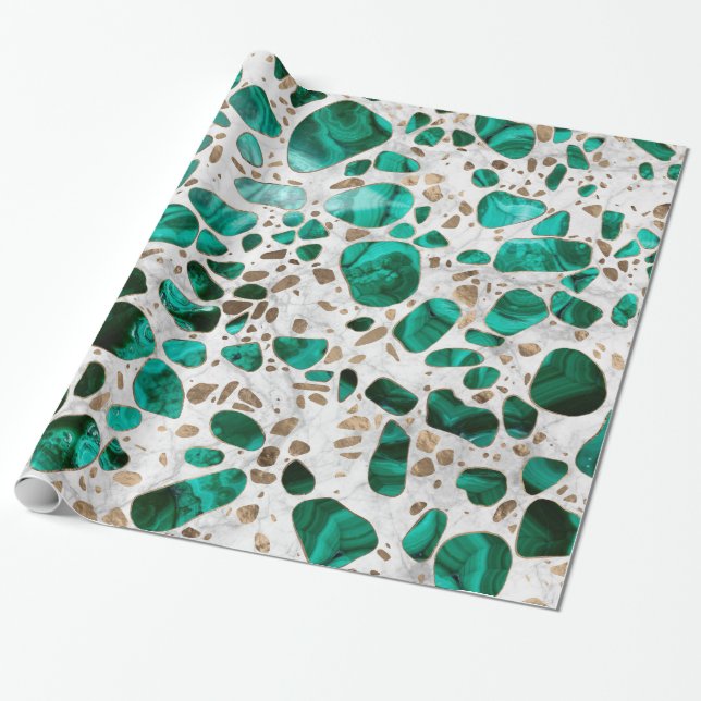 Terrazzo - Malachite och guld på marmor #1 Presentpapper (Utrullad)