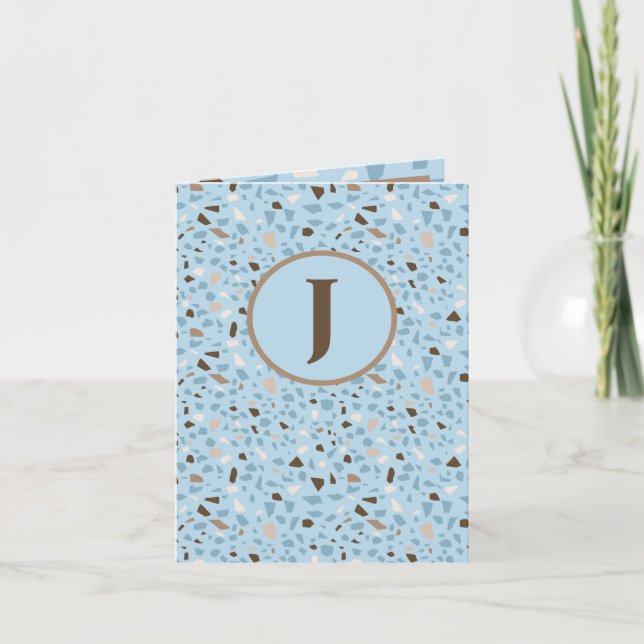 Terrazzo Monogram Blue Tan Brown Hälsning Kort (Framsida)