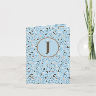 Terrazzo Monogram Blue Tan Brown Hälsning Kort