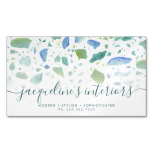 Terrazzo Mönster Modern Script Aqua Blue-Grönt Magnetiska Visitkort