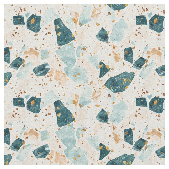 Terrazzo Mönster Teal och Guld Tyg (Närbild)