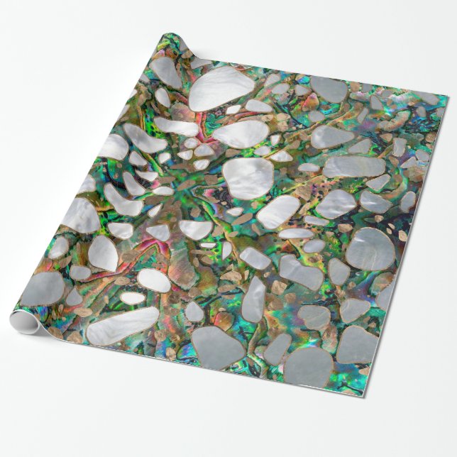 Terrazzo - pärlemorfärg mosaisk Abalone och guld Presentpapper (Utrullad)