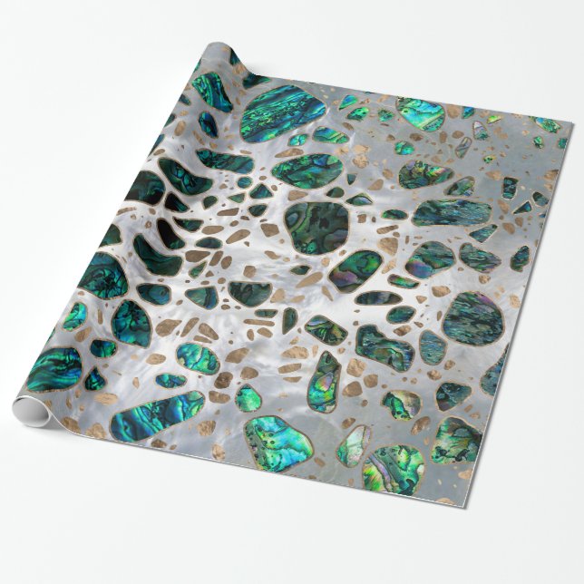 Terrazzo - pärlemorfärg mosaisk Abalone och guld Presentpapper (Utrullad)