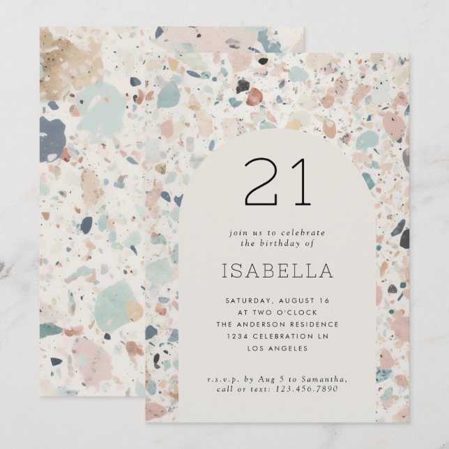 Terrazzo Pastel Färg Arch 21:a födelsedagen Party Inbjudningar (Fram/baksida)