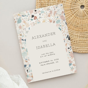 Terrazzo Pastel Färg Retro Arch Bröllop Spara Datumet