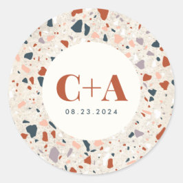 Terrazzo Slab Bröllop Monogram och datum Runt Klistermärke