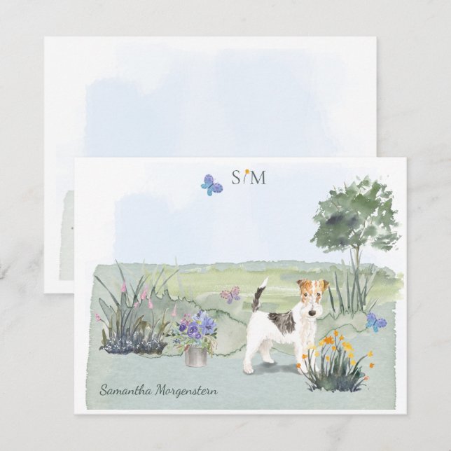Terrier Butterfly Meadow Monogram för kabelspetshä Anteckningskort (Fram/baksida)