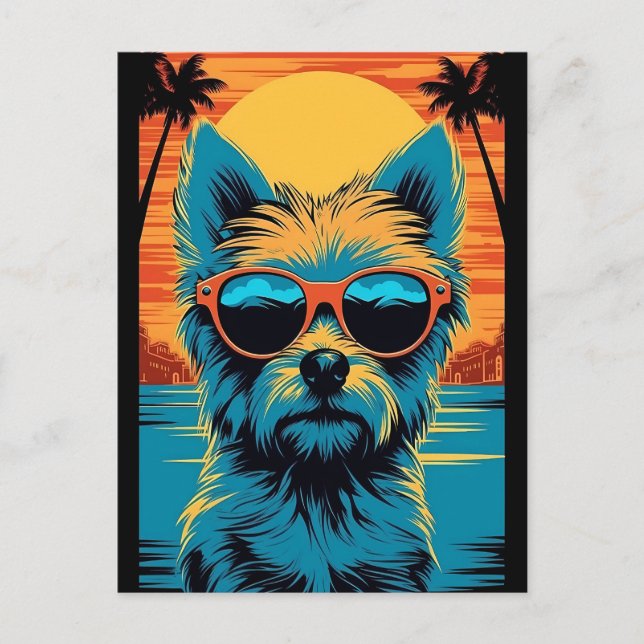 Terrier med solglasögon på stranden vykort (Framsida)