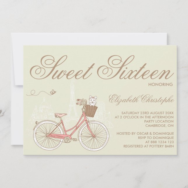 Terrier på en Rosa Bicycle Sweet sixteen-inbjudan Inbjudningar (Framsida)