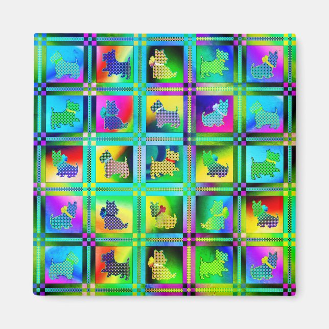 Terrier Silhouettes i Checkeboard Mönster Magnet (Framsidan)