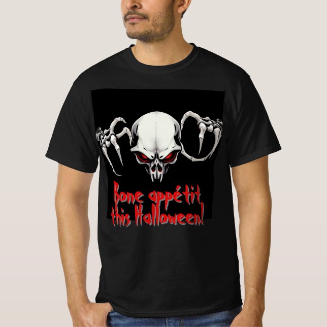 Terrifierar Skeleton med Red Ögon Halloween-fasor T Shirt (Framsida)