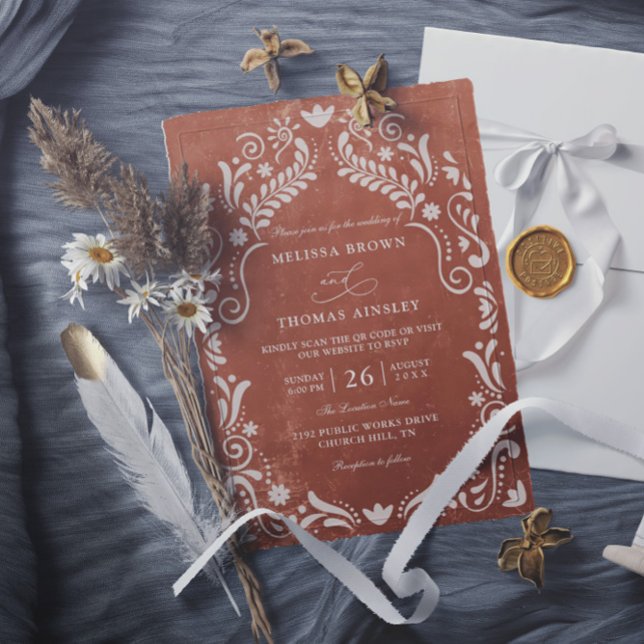 Terrocotta Papel Picado Budget QR Code Wedding Inbjudningar (Skapare uppladdad)