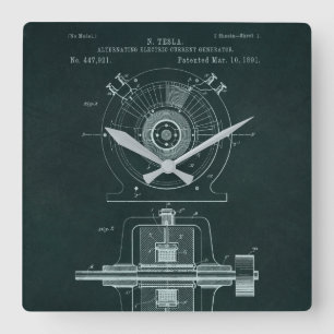 Tesla AC Motor Blueprint Clock Fyrkantig Klocka
