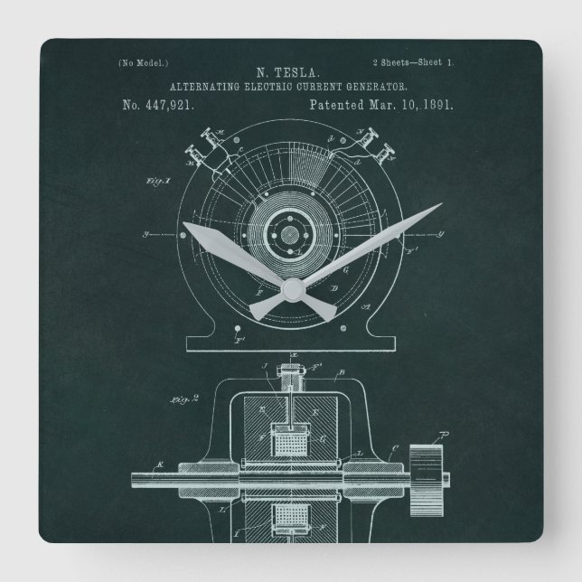 Tesla AC Motor Blueprint Clock Fyrkantig Klocka (Framsida)