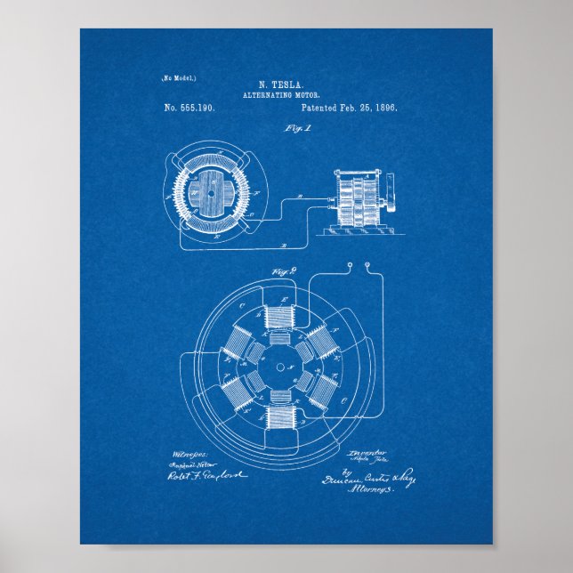 Tesla Alternating Motor Patent - blåkopia Poster (Framsidan)