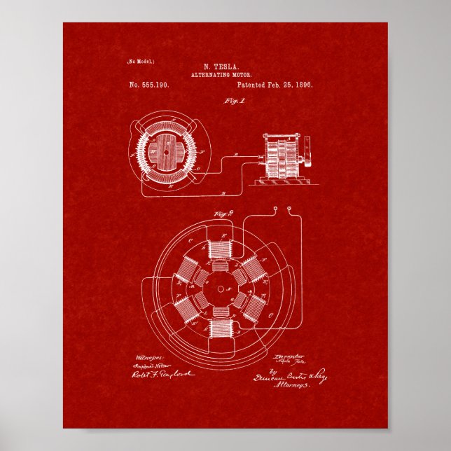 Tesla Alternating Motor Patent - Burgundy Red Poster (Framsidan)