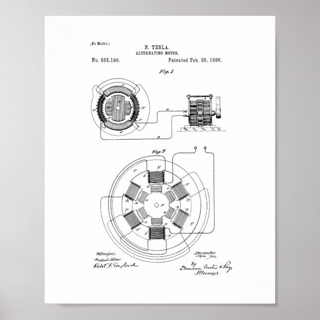 Tesla alternerande motorpatent poster (Framsidan)