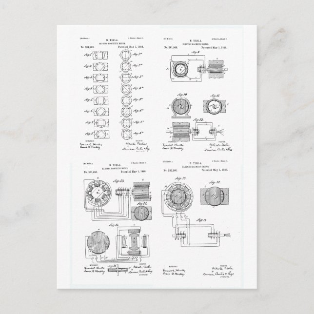 Tesla Elecro-Magnet Motor Patent US381968, s. 1-4 Vykort (Framsida)