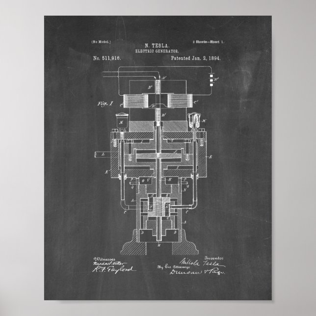Tesla Electric Generator Patent - Chalkboard Poster (Framsidan)