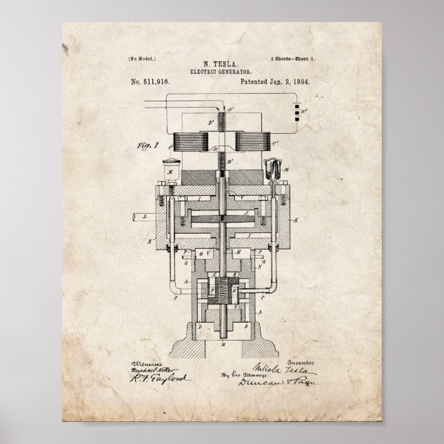 Tesla Electric Generator Patent - gammalt utseende Poster (Framsidan)