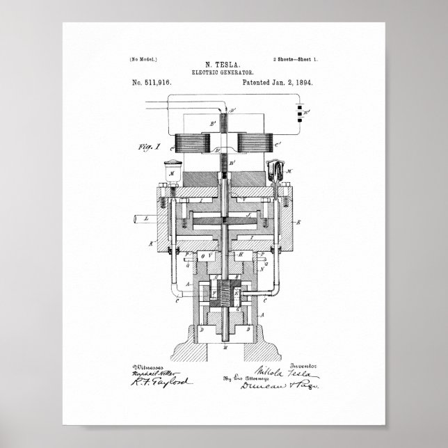 Tesla Electric Generator Patent Poster (Framsidan)