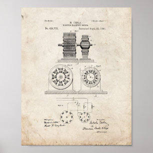 Tesla Electro Magnetic Motor Patent - gammalt utse Poster