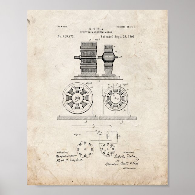 Tesla Electro Magnetic Motor Patent - gammalt utse Poster (Framsidan)