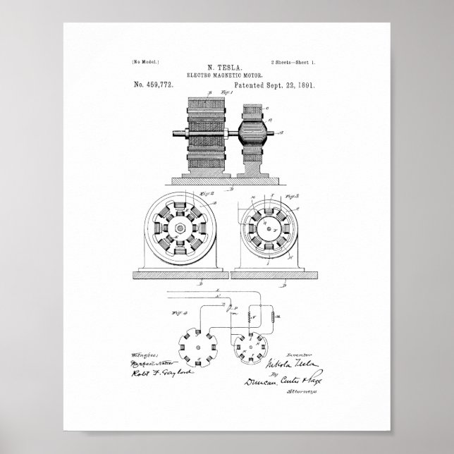 Tesla Electro Magnetic Motor Patent Poster (Framsidan)