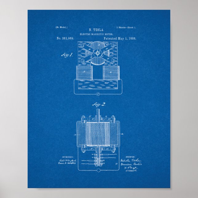 Tesla-elektromagnetiskt motorpatent - Blåavtryck Poster (Framsidan)