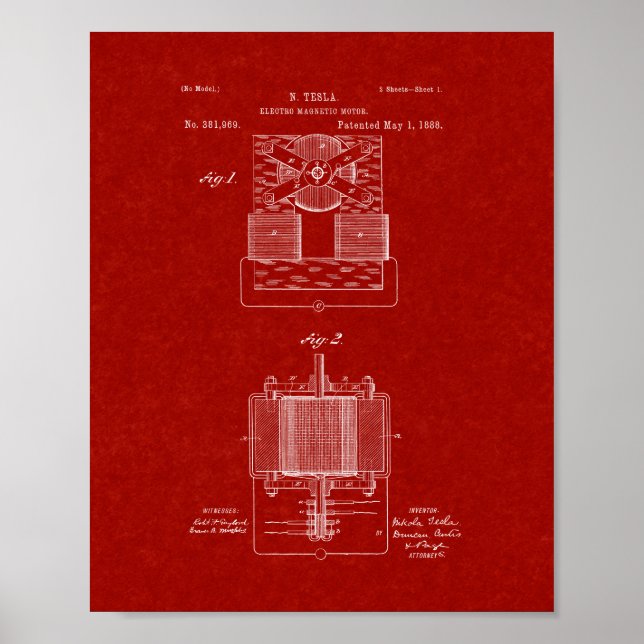 Tesla-elektromagnetiskt motorpatent - Burgundy Red Poster (Framsidan)