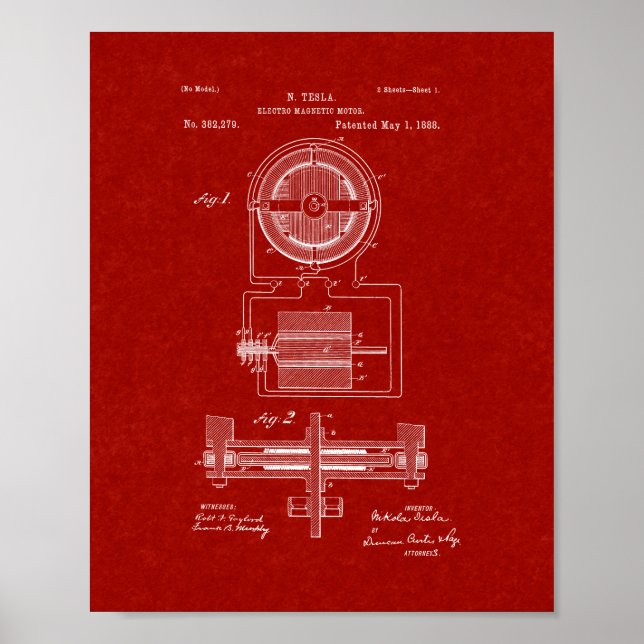 Tesla-elektromagnetiskt motorpatent - Burgundy Red Poster (Framsidan)