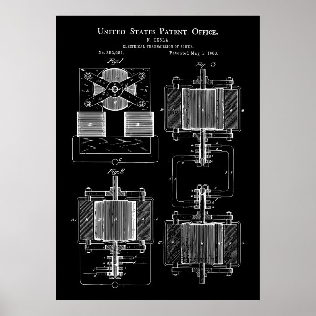 Tesla Power Transmitter 1888 Patent Poster (Framsidan)