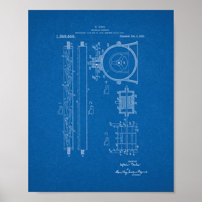 Tesla Valvular Conduit Patent - Blueprint Poster (Framsidan)