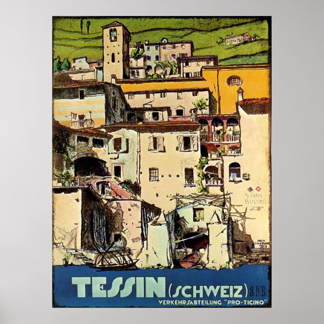 Tessin-hus framför stadshamnen, Schweiz Poster (Framsidan)