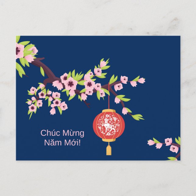 Tet Nyårsdag OX Hoa Dao Blommar Vykort (Framsida)