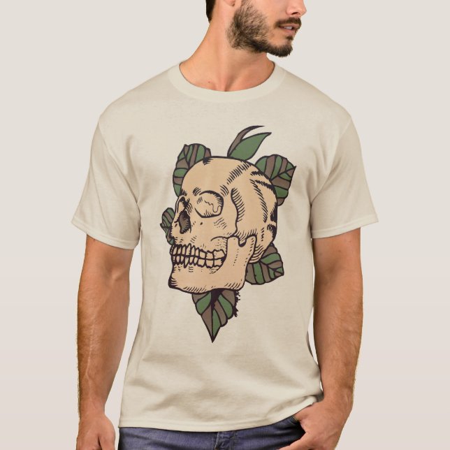 tete de mort crane feuille old school tattoo 2 t shirt (Framsida)