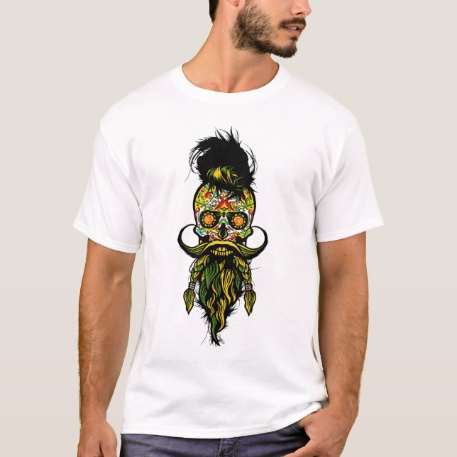 tete de mort hipster crane skull barbu barbe moust t shirt (Framsida)