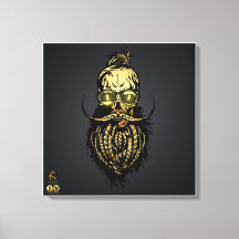 Tête de mort hipster skulls barbu et moustachu or