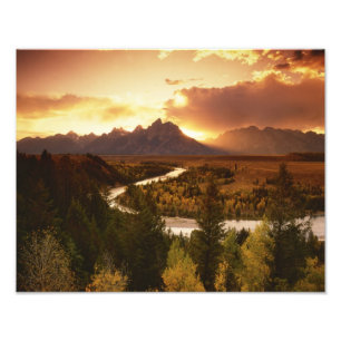 Teton Range vid solnedgång, från Snake River Fototryck