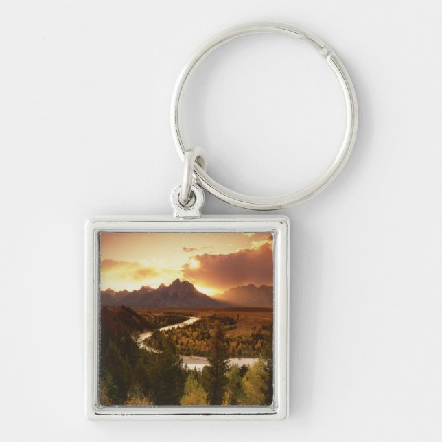 Teton Range vid solnedgång, från Snake River Fyrkantig Silverfärgad Nyckelring (Framsidan)