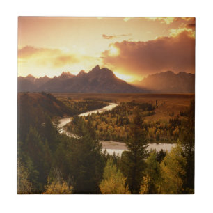 Teton Range vid solnedgång, från Snake River Kakelplatta