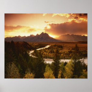 Teton Range vid solnedgång, från Snake River Poster