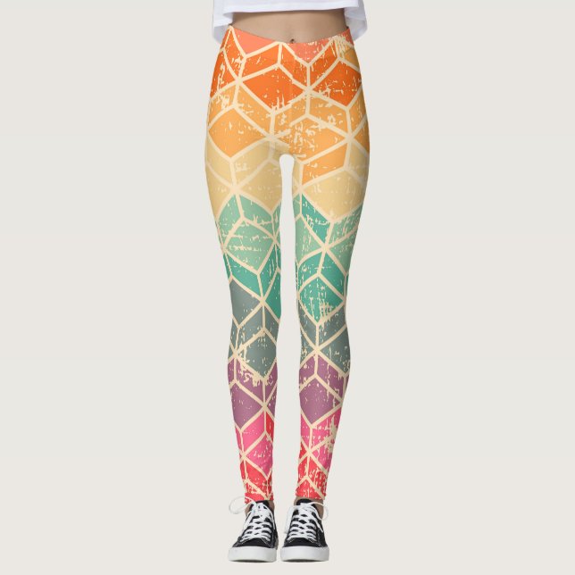 Tetragonal Geometric Grunge Sömlös Mönster Leggings (Framsida)