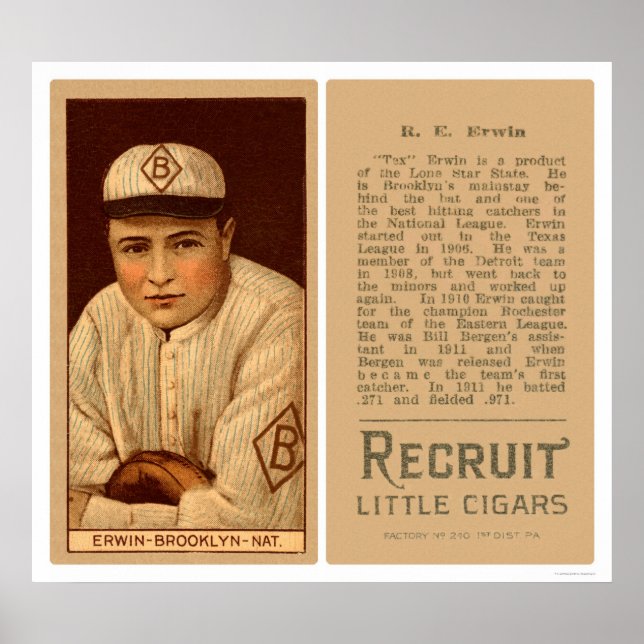 Tex Erwin Dodgers Baseball 1912 Poster (Framsidan)