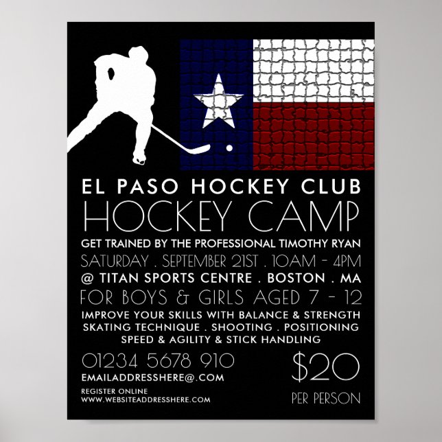 Texan Flagga, Hockey Player, Camp Advertising Poster (Framsidan)