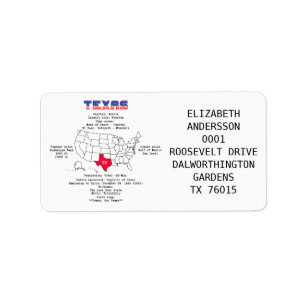Texas amerikanska stat på karta och användbar info adressetikett