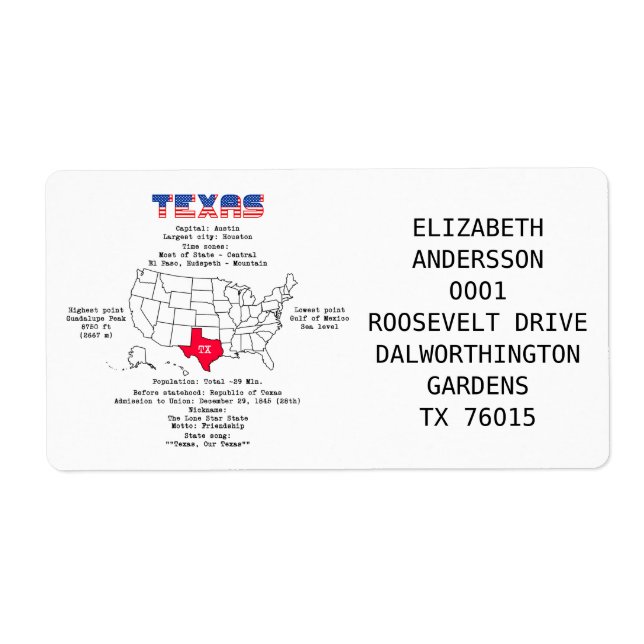Texas amerikanska stat på karta och användbar info fraktsedel (Framsidan)