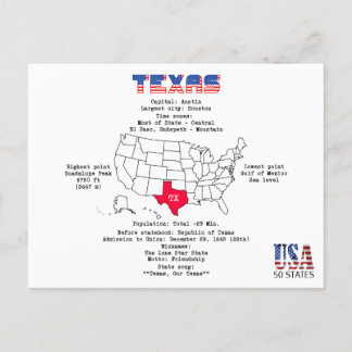 Texas amerikanska stat på karta och användbar info helg vykort