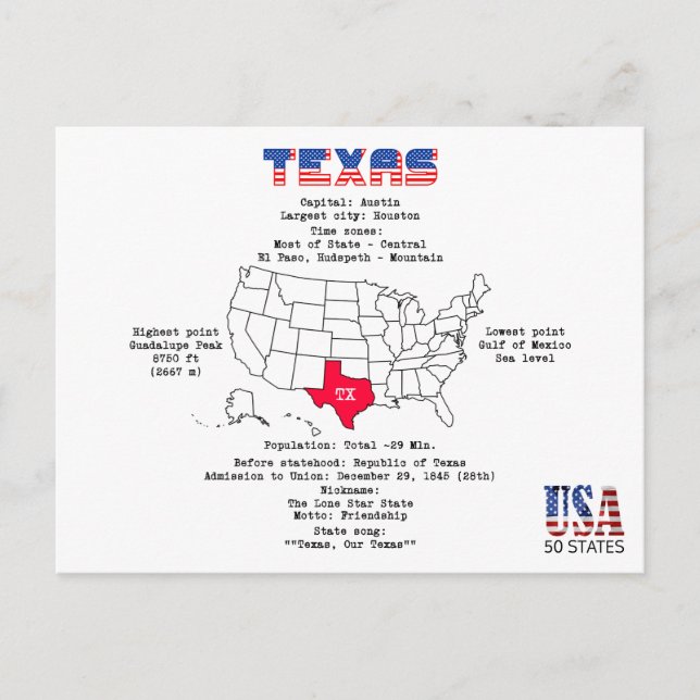 Texas amerikanska stat på karta och användbar info helg vykort (Framsida)